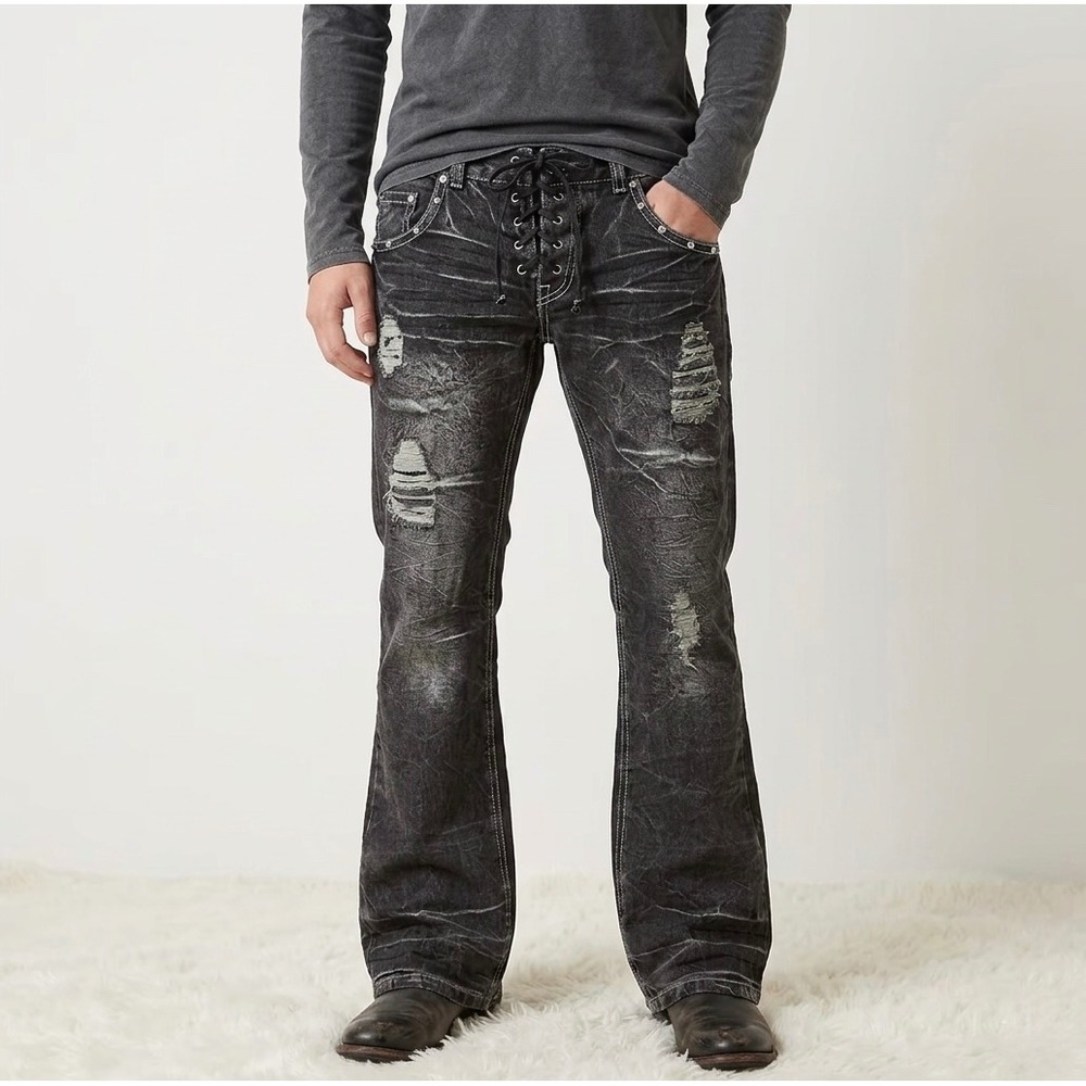 Mens Black Distressed Lace Up Front Flared Jeans Studded Punk Gothic Denim - Picture 4 of 4